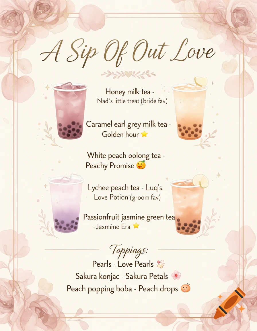 Watercolor illustration of a pinkish boba tea menu with illustrations of various bubble tea drinks and toppings.