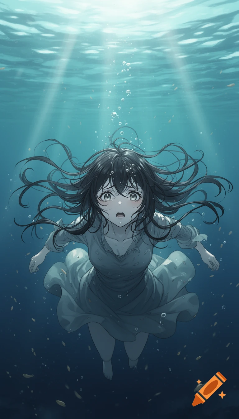 Anime girl with dark hair and a dress drowning underwater, with light filtering from above.