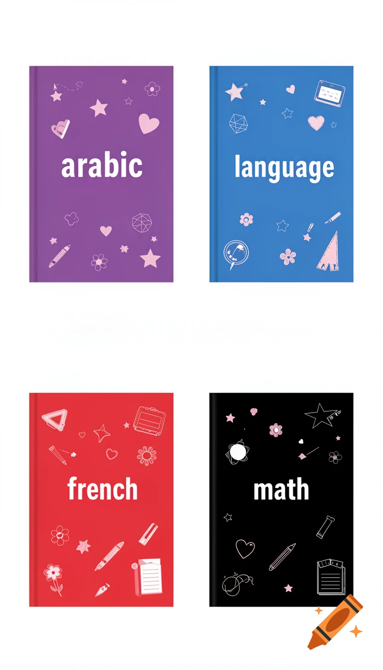 Four colorful notebook or binder covers featuring doodles and the words arabic, language, french, and math.