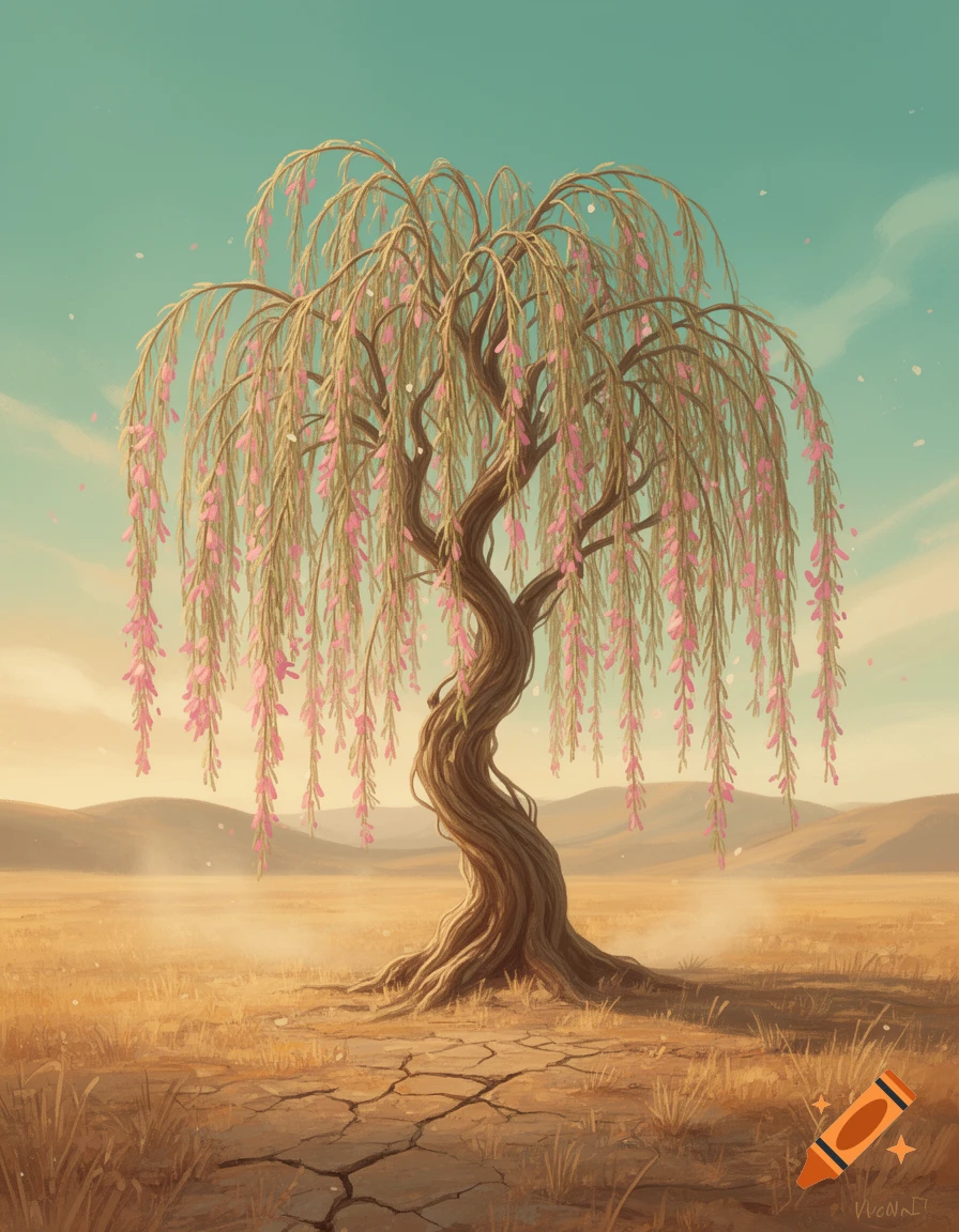 A whimsical digital painting of a willow tree with pink leaves in a dry steppe landscape.