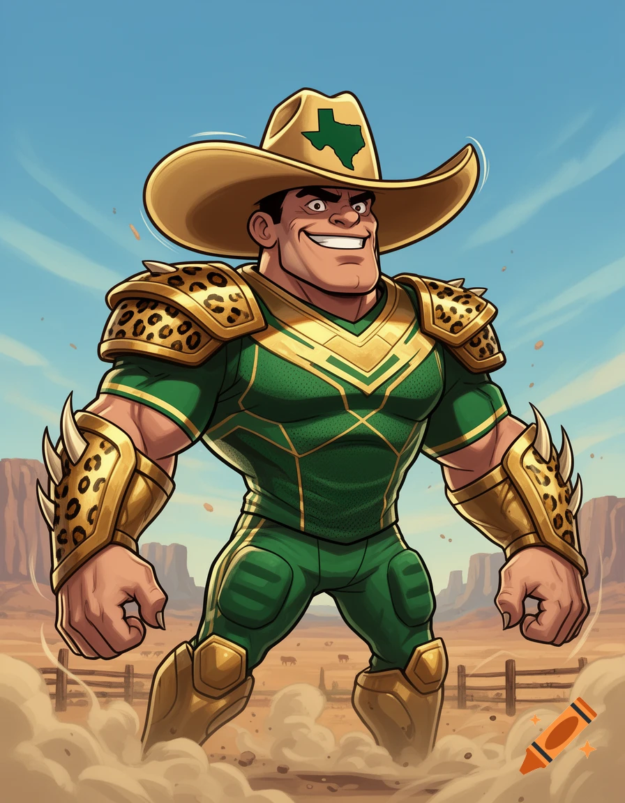Cartoon illustration of a muscular giant in a cowboy hat with the state of Texas silhouette and green and gold jaguar-print armor.