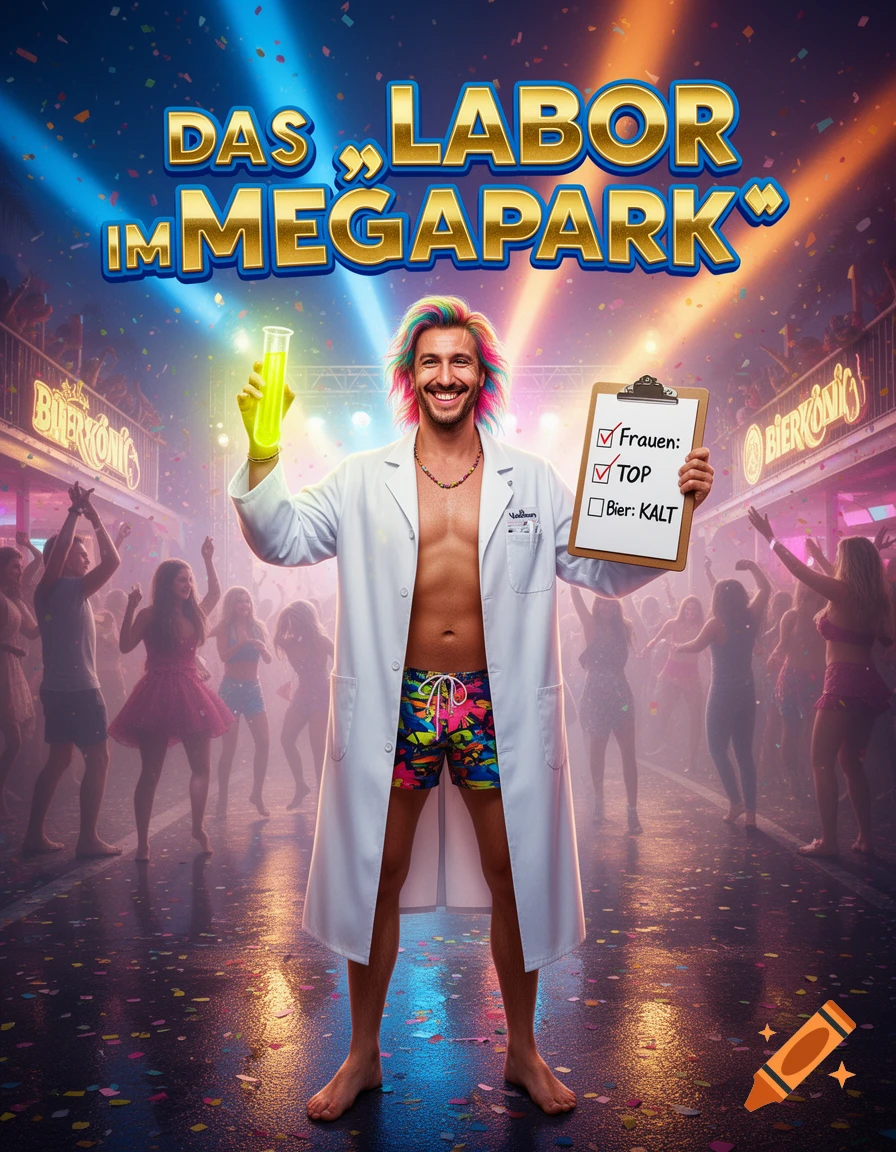 A man in a lab coat and swim trunks holding a glowing test tube and a clipboard in a crowded nightclub.