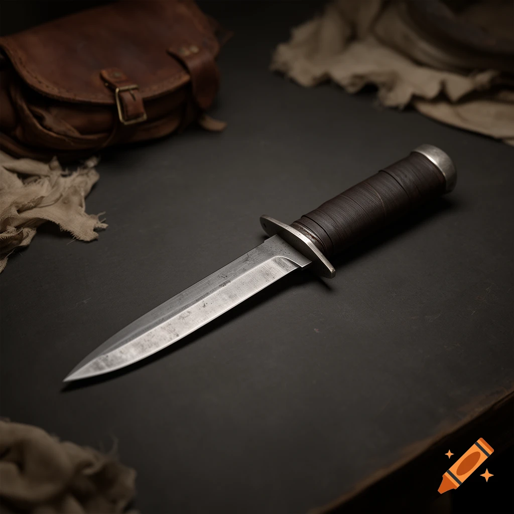 Photorealistic image of a simple combat knife with a leather-wrapped handle resting on a dark surface next to a leather pouch.