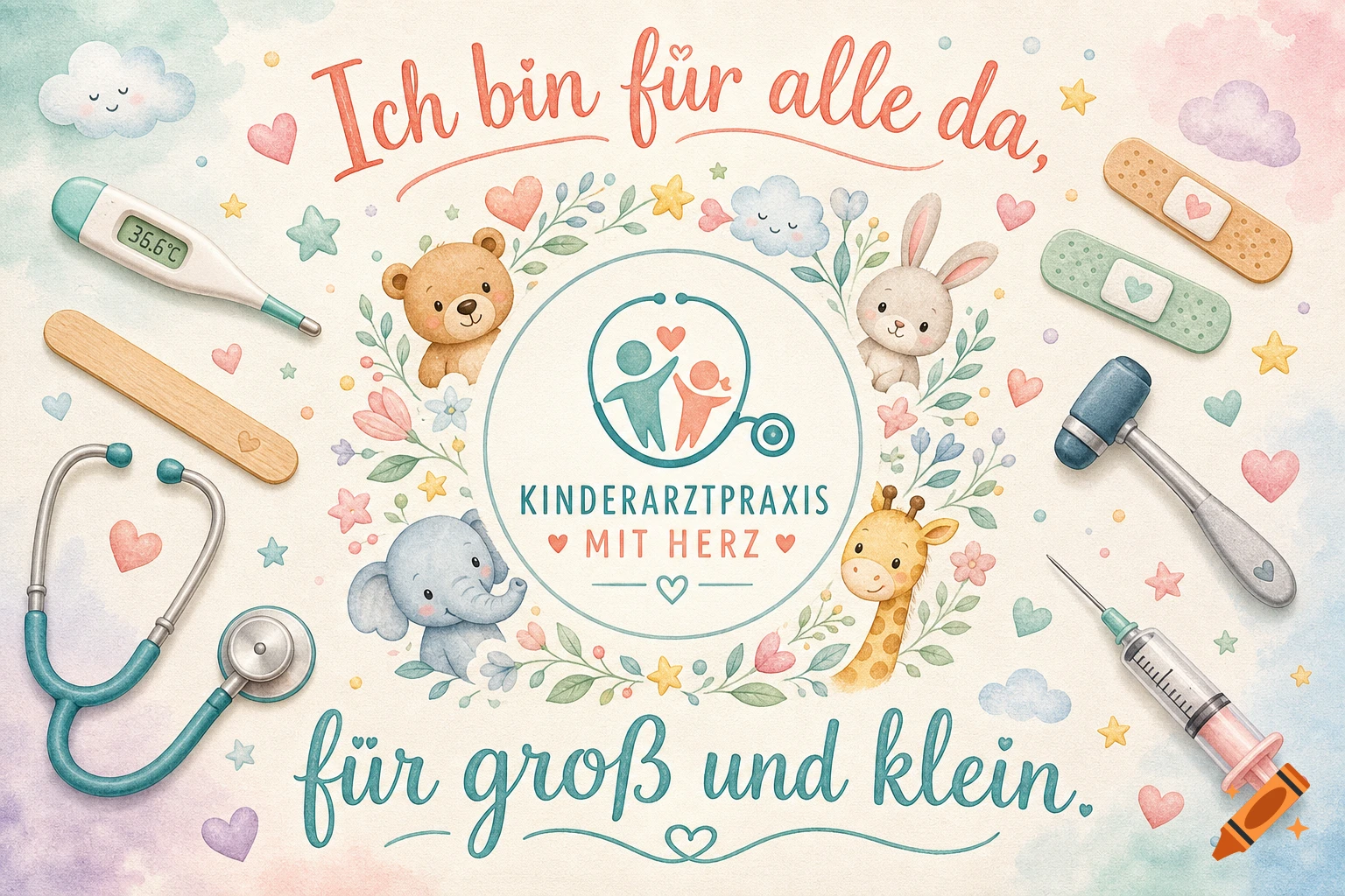 Watercolor illustration with pastel background featuring medical instruments, cute animals, and German text.