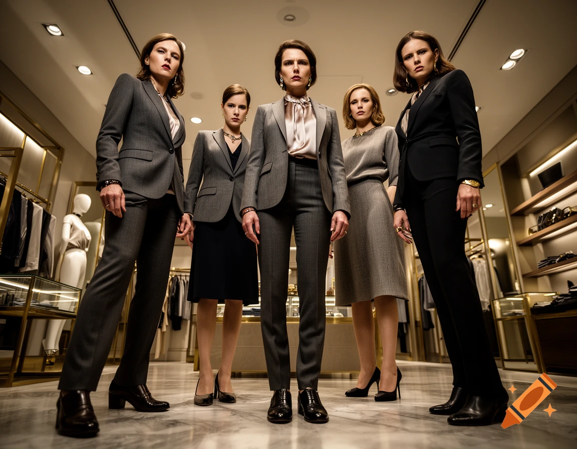 Photorealistic low angle shot of five well-dressed women in business suits looking down with cold expressions inside a luxury boutique.