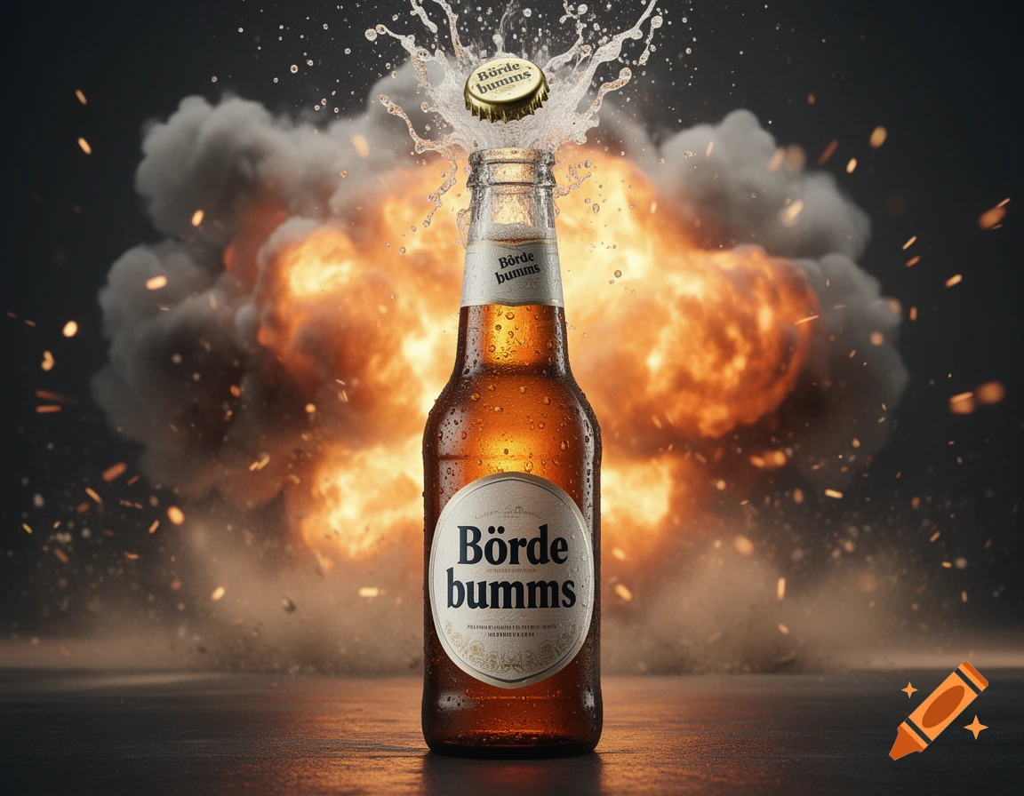 Photorealistic image of a brown beer bottle with a bursting cap and foam, with an explosion in the background and 'Börde bumms' text on the label.