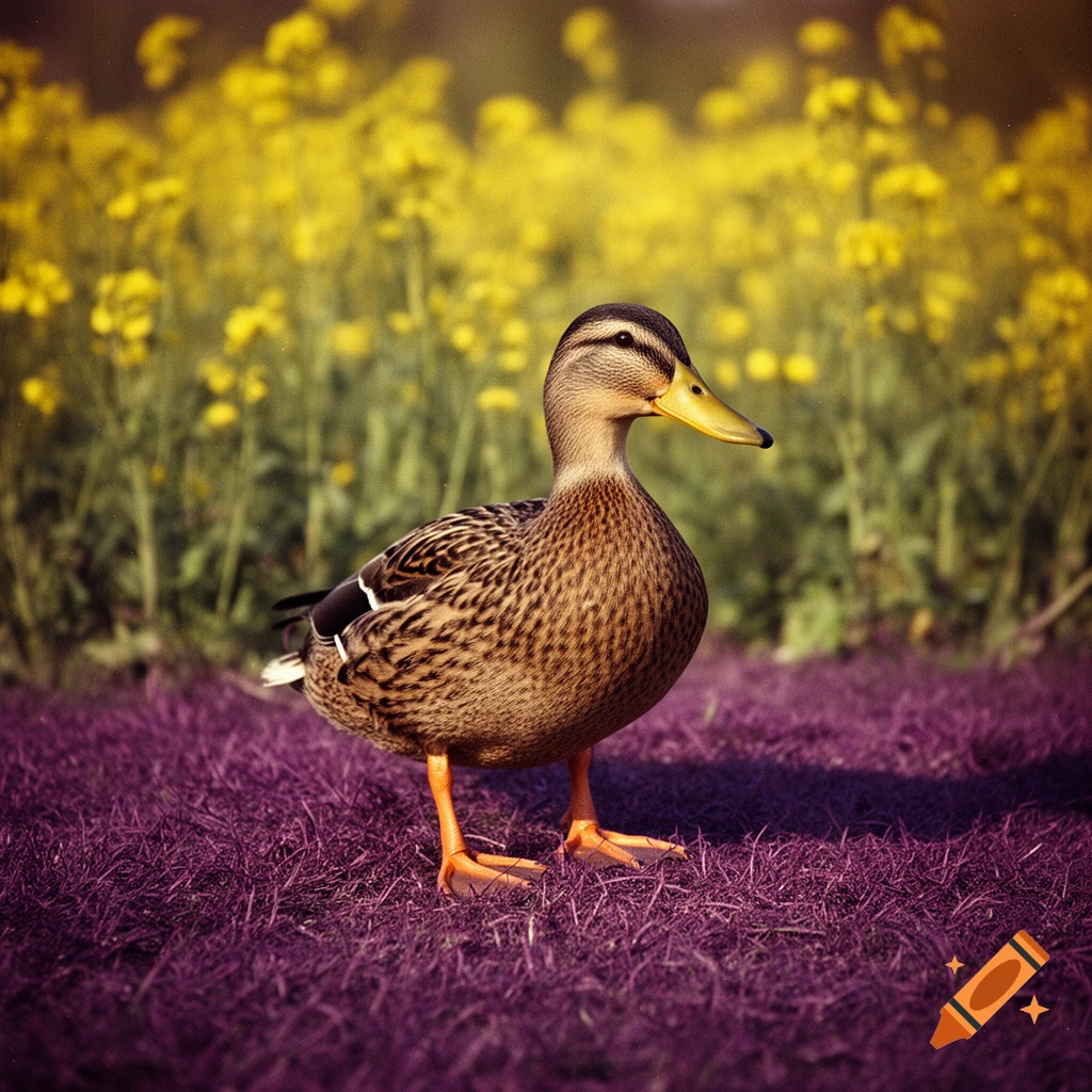 A mallard duck standing on purple grass with a background of yellow flowers, vintage style photography.