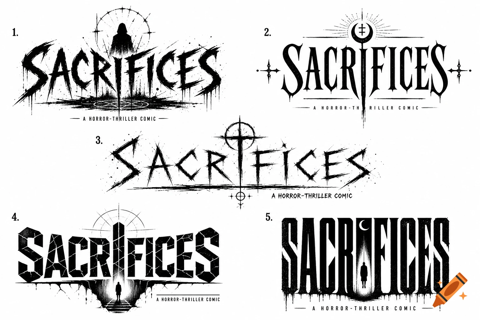 Five black and white horror comic logo concepts with the word sacrifices in various stylized fonts.