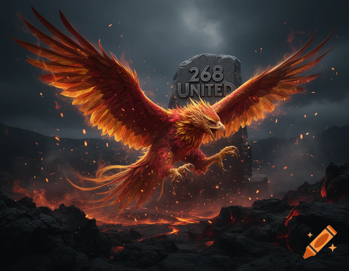 A fiery phoenix with outstretched wings flying in front of a stone tablet inscribed with "268 UNITED", amidst dark volcanic rocks and embers.