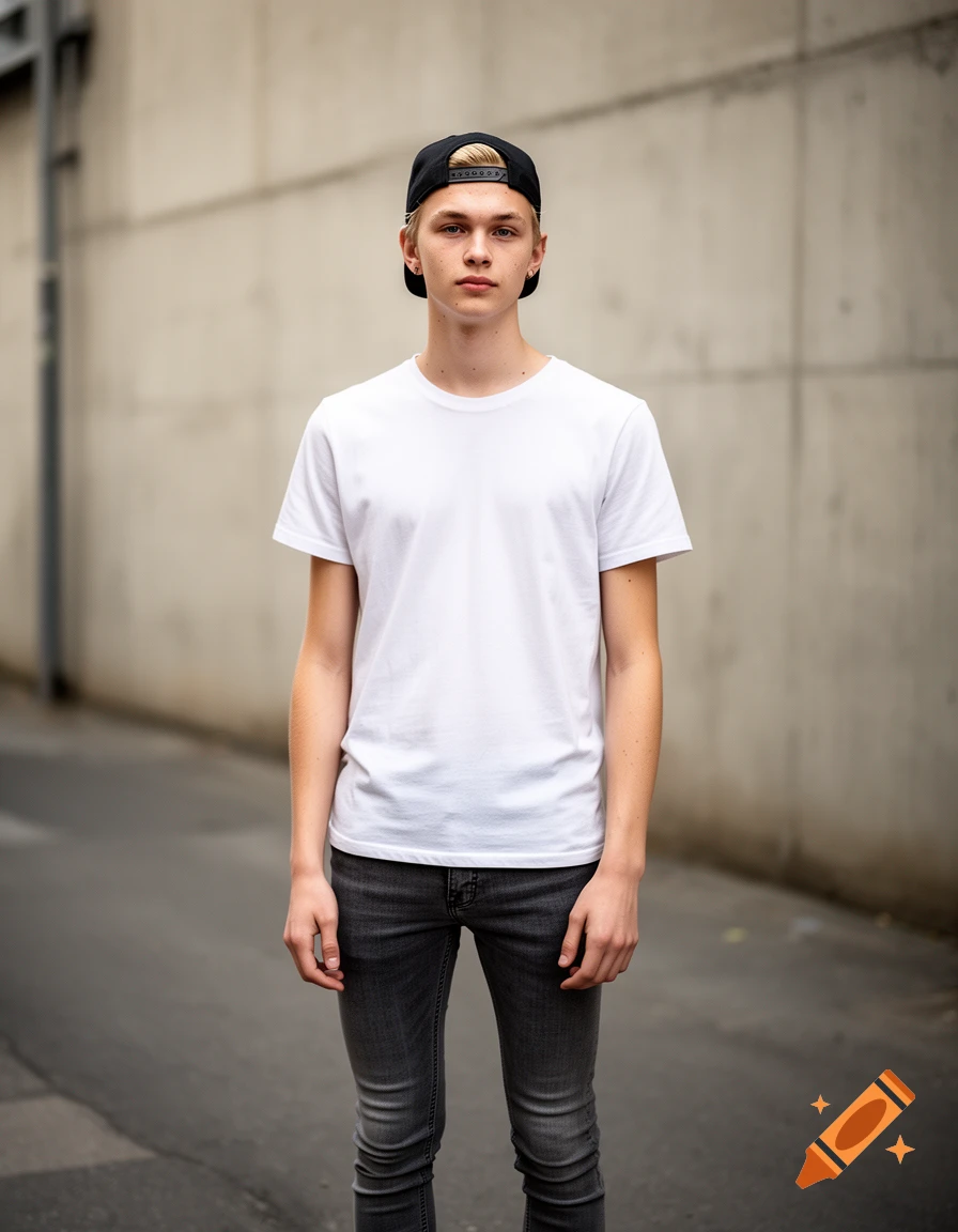Photorealistic full-length portrait of a young man wearing a white t-shirt, skinny jeans, and a black backwards baseball cap against a concrete wall.