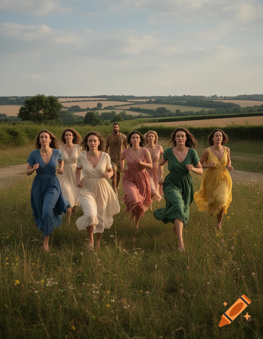 Seven women in colorful dresses running across a grassy countryside field, being chased by a man.