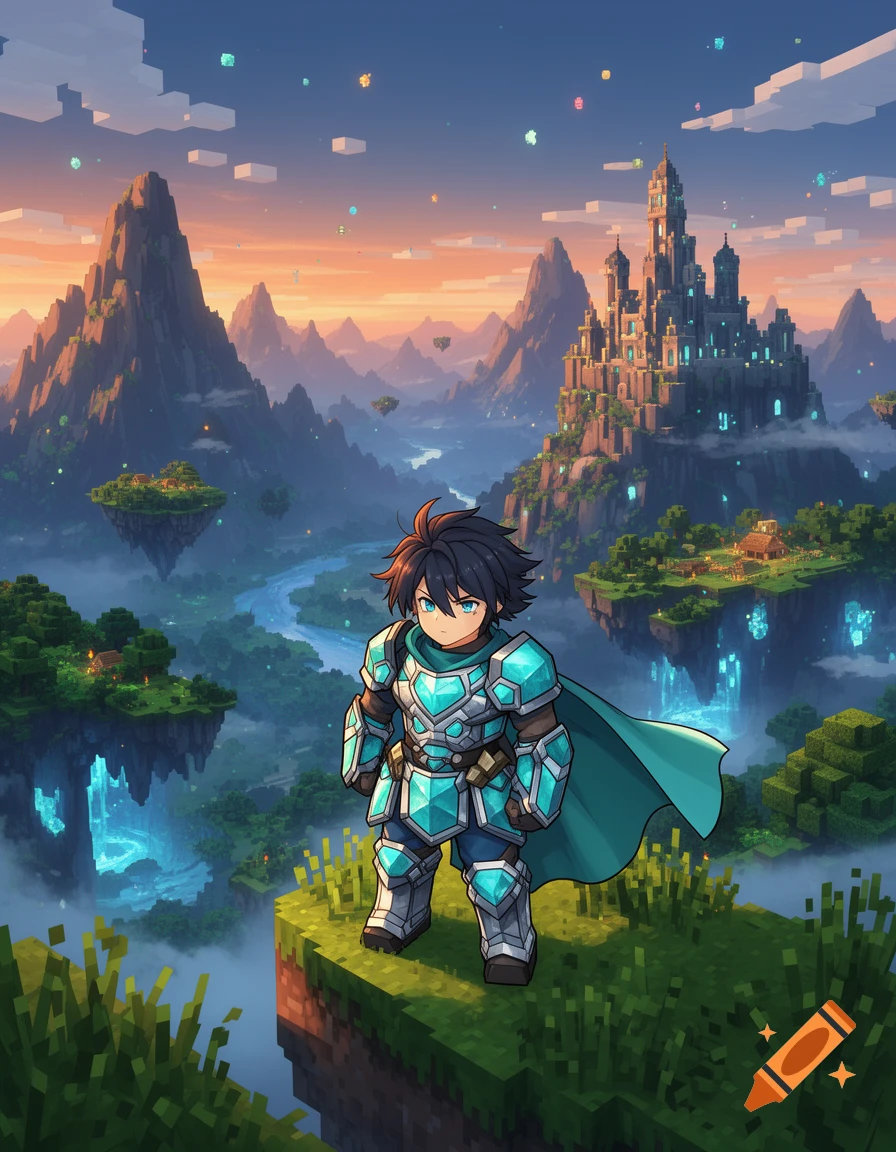 An anime-style warrior in diamond armor standing on a floating Minecraft island at sunset, with a large castle in the background.