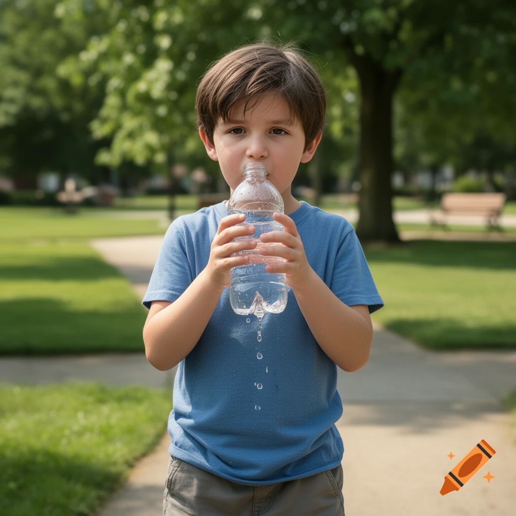 Photorealistic image of a young boy drinking water from a plastic bottle in a park.