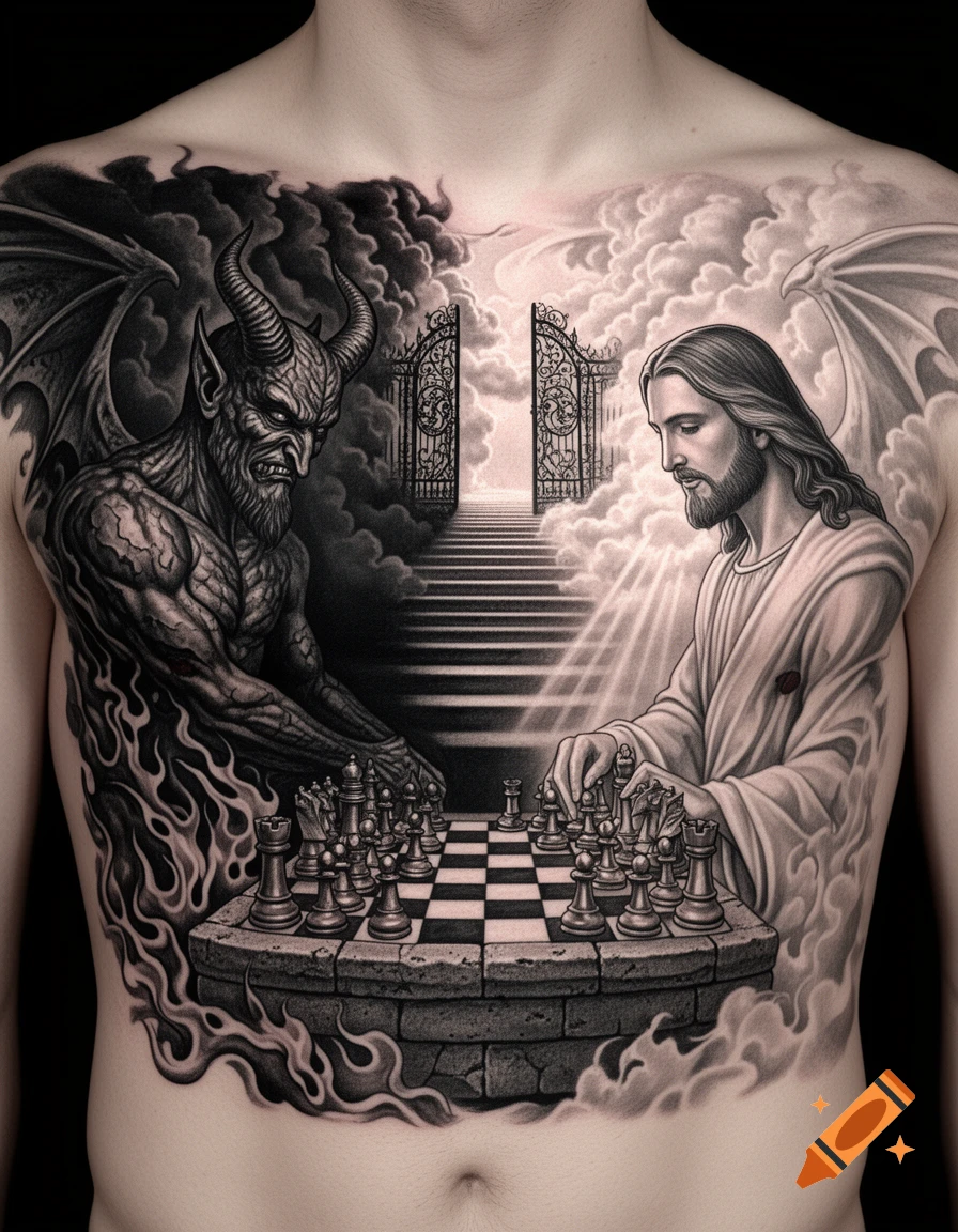 Black and gray realism chest tattoo depicting the devil and Jesus playing chess with heaven gates in the background.