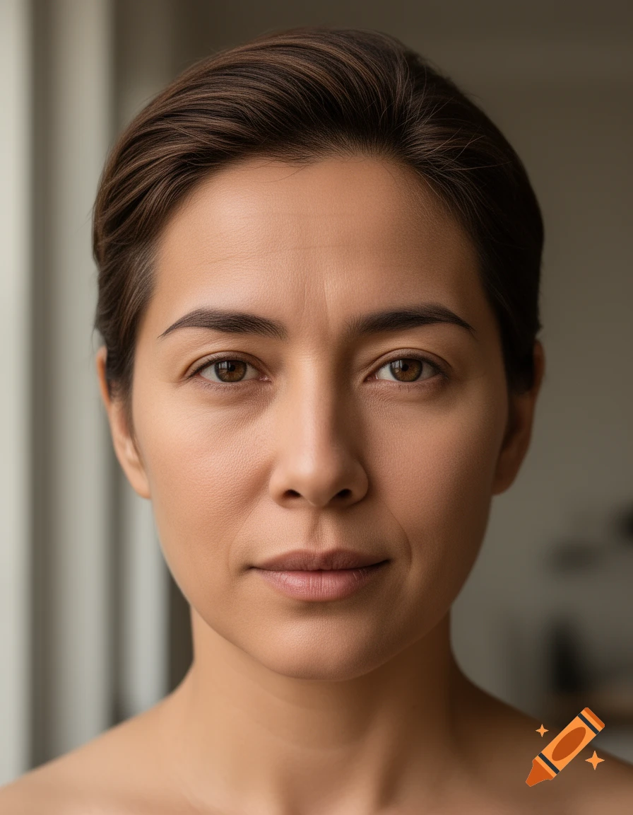 Close-up photorealistic portrait of a person with short brown hair and brown eyes.