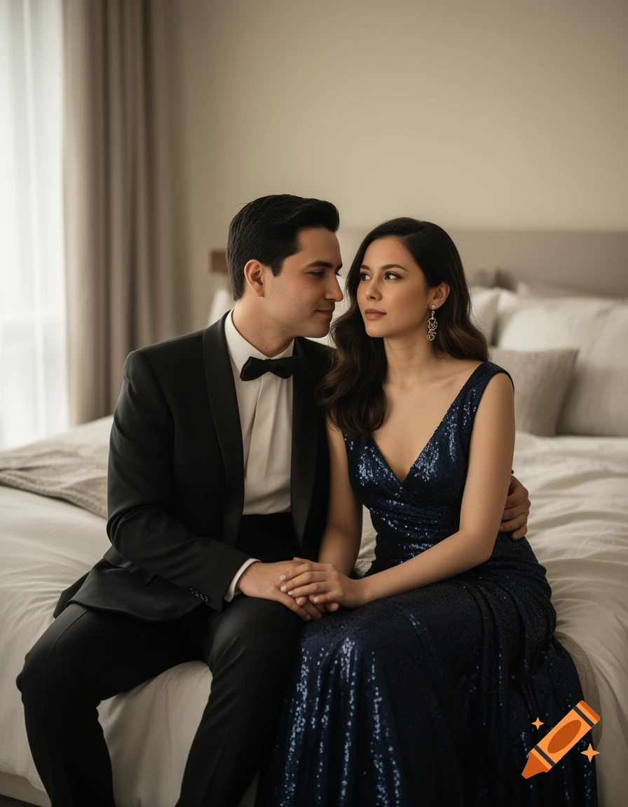 A photorealistic portrait of a well-dressed couple sitting on a bed in a hotel room, looking at each other.