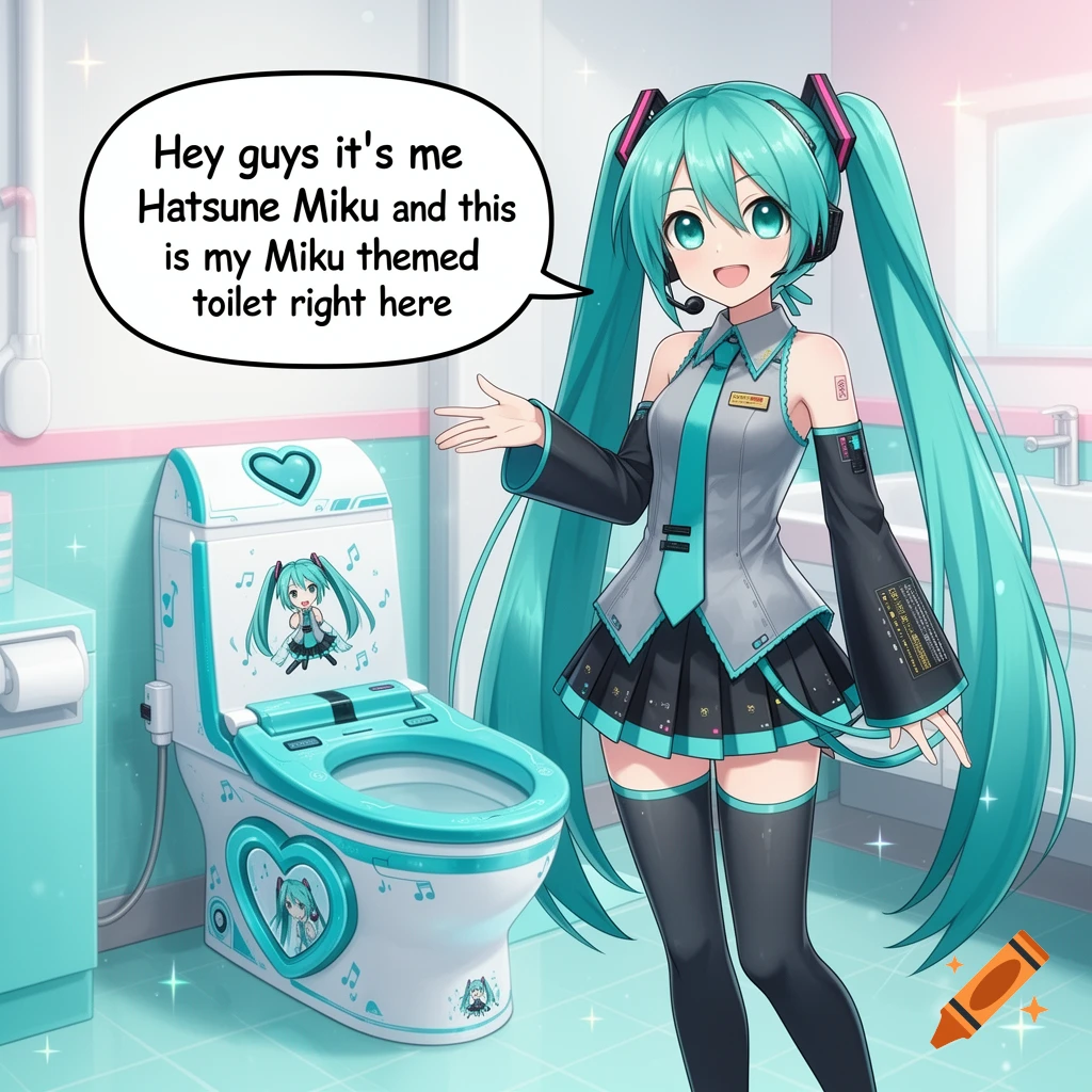 Anime style illustration of Hatsune Miku presenting a Miku themed toilet in a bathroom.