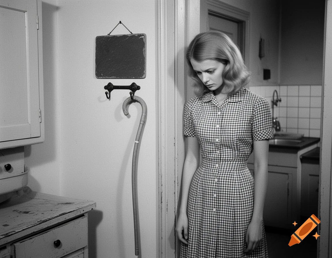 Black and white historical photograph of a young woman with blonde hair wearing a checkered dress standing in a kitchen.