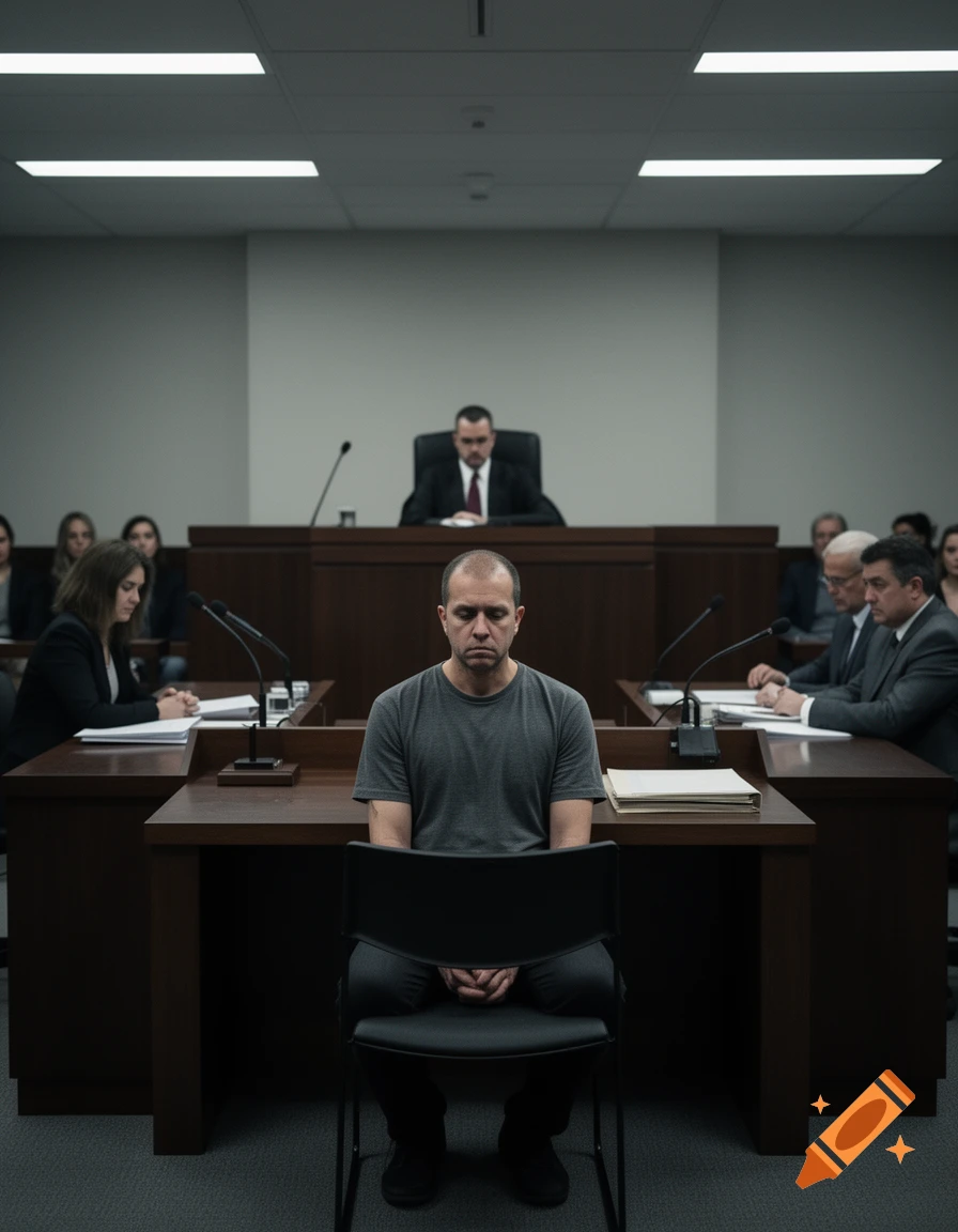 Photorealistic courtroom scene with a defendant sitting at a table facing a judge in a solemn atmosphere.