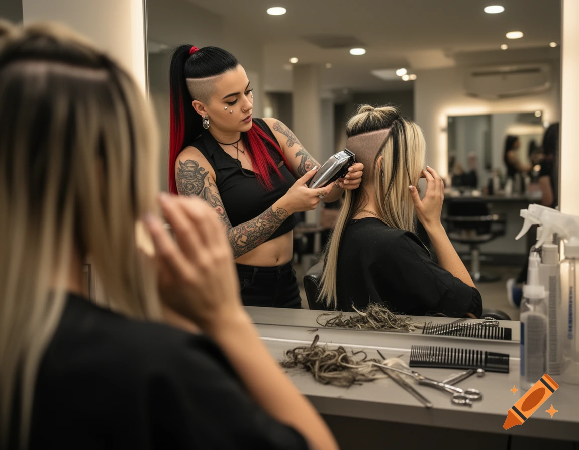 POV mirror view of a woman getting an undercut shaved by a stylist in a modern salon.