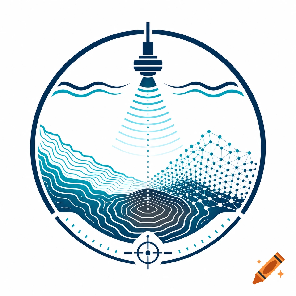 A circular blue and white logo depicting sonar waves, underwater bathymetry, and point clouds in a technical illustration style.