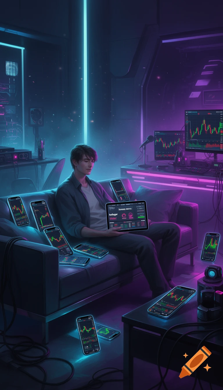 Digital art of a person sitting on a sofa surrounded by smartphones and screens displaying stock charts in a neon room.