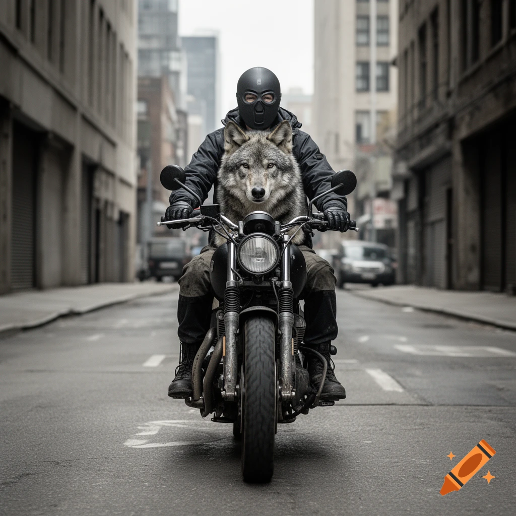 Photorealistic shot of a person in a black mask and jacket riding a motorcycle with a wolf sitting on the tank in a city street.