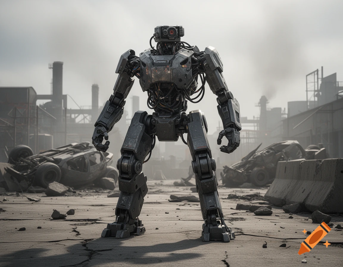 Photorealistic combat robot standing in a ruined industrial wasteland with wrecked vehicles under an overcast sky.
