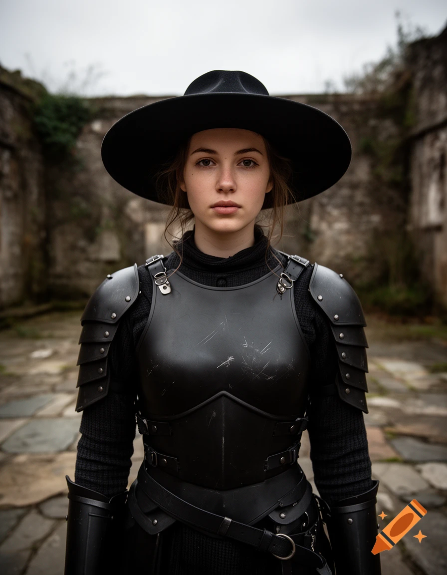 Photorealistic portrait of a young woman wearing a black brimmed hat and dark armor in a ruined courtyard.