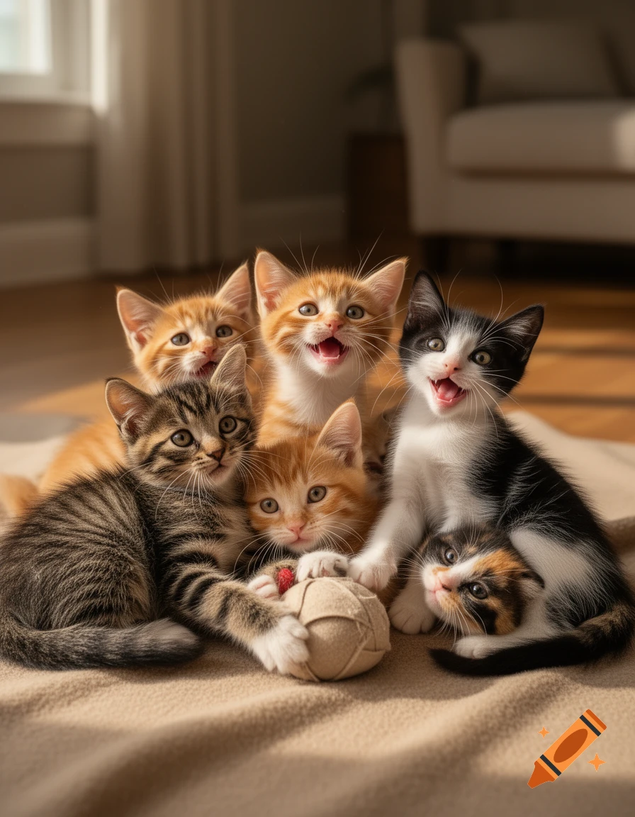 Photorealistic image of six cute kittens playing with a yarn ball on a blanket indoors.