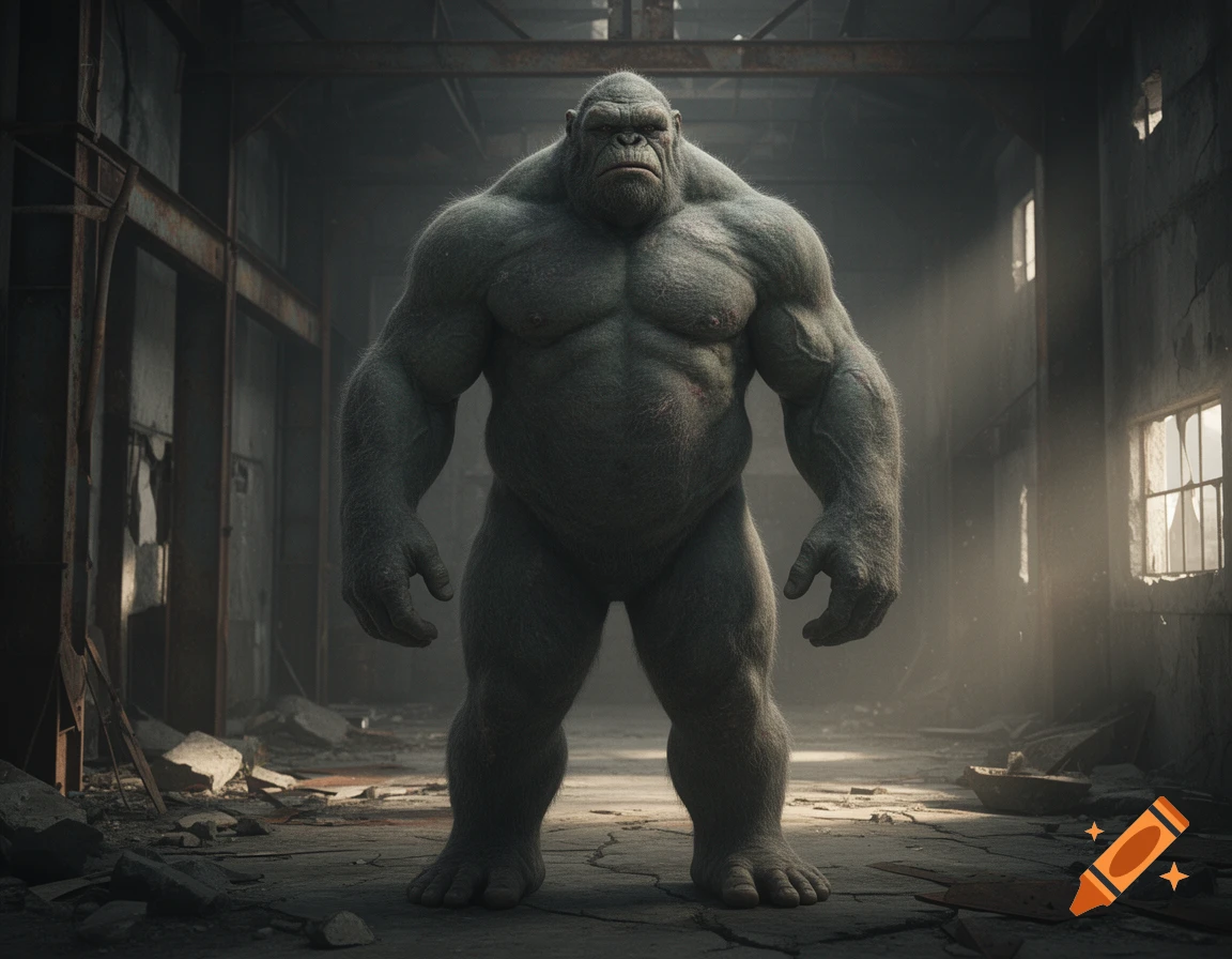 Photorealistic image of a large, muscular ape-like creature standing in an abandoned industrial warehouse.