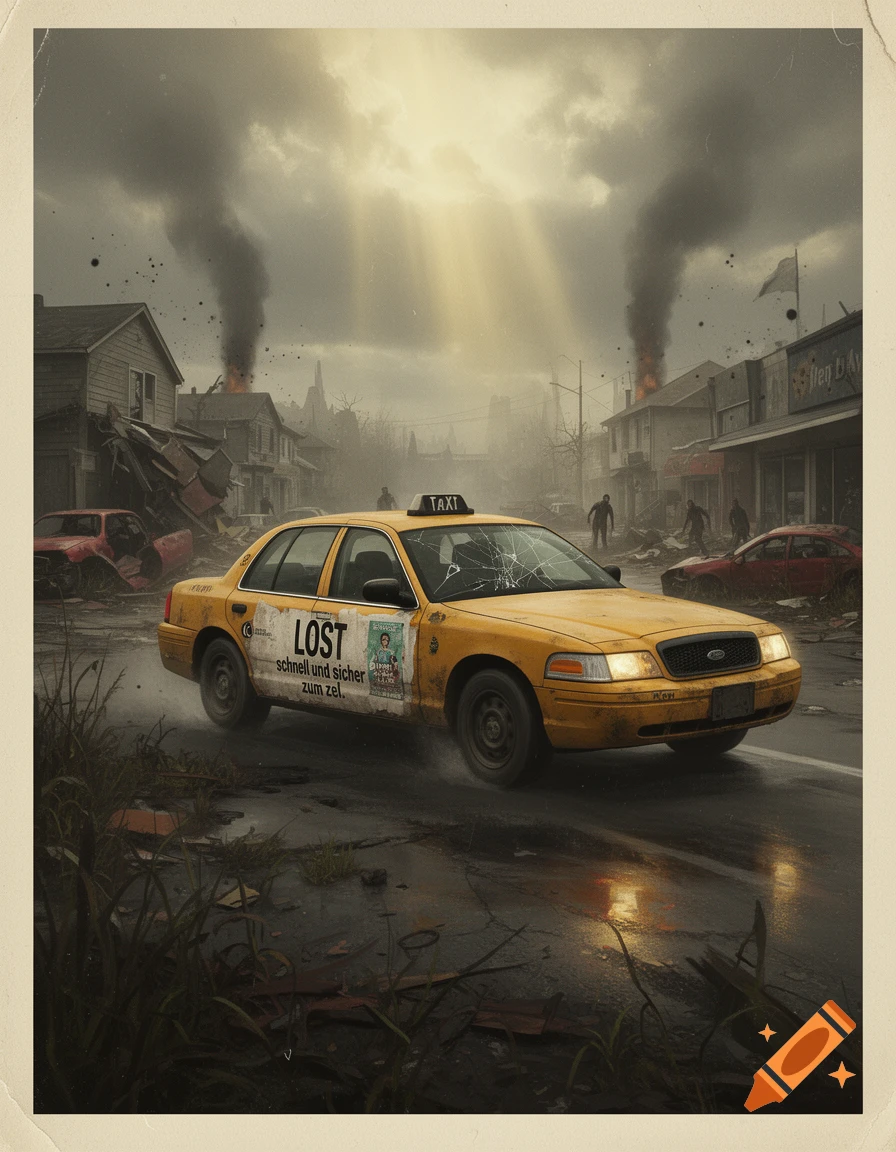 A damaged yellow taxi driving through a desolate apocalyptic town under a cloudy sky, inspired by Project Zomboid.
