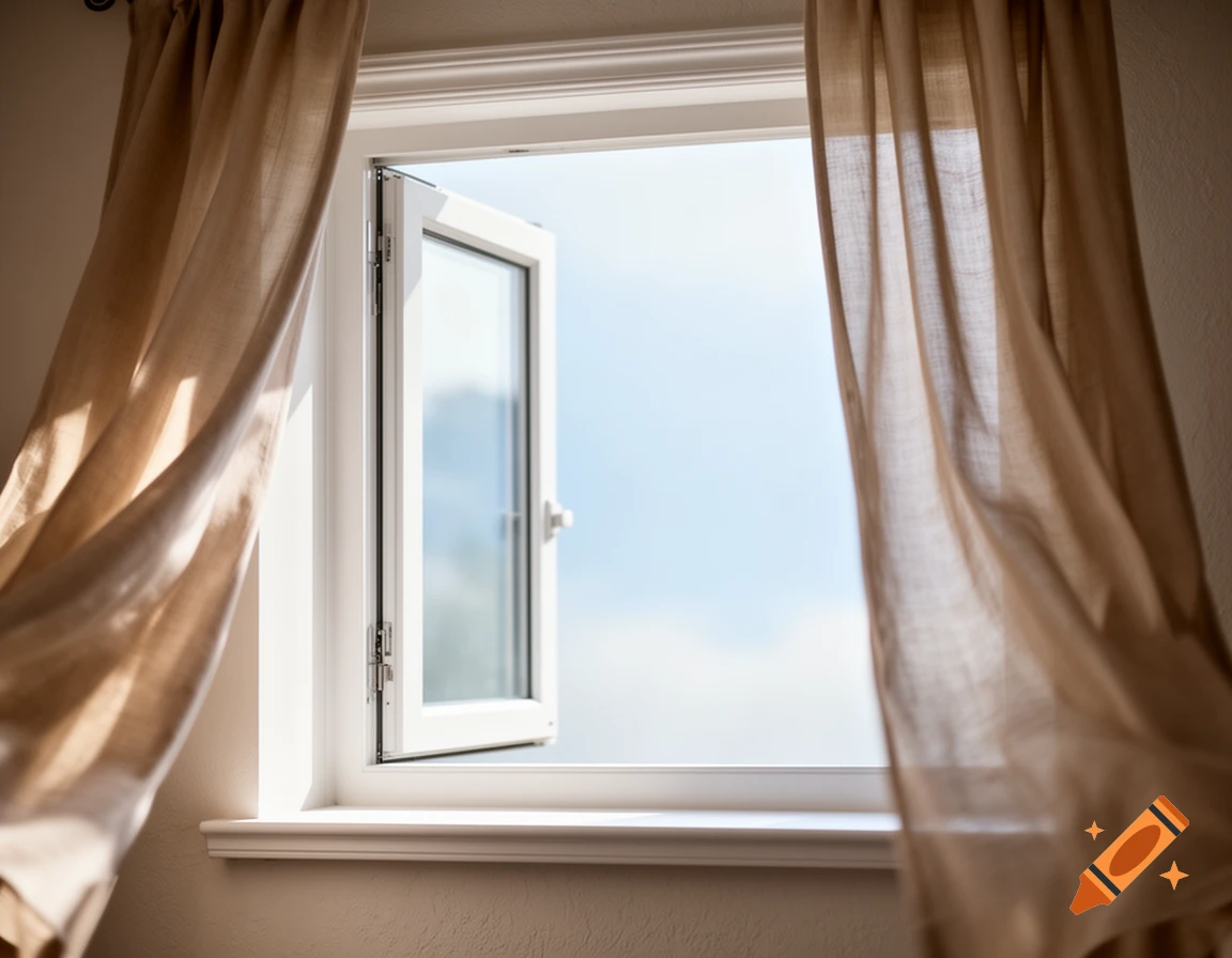 Photorealistic 3/4 view of an open white-trimmed window with beige curtains billowing in the breeze, looking out to a blurred sky.