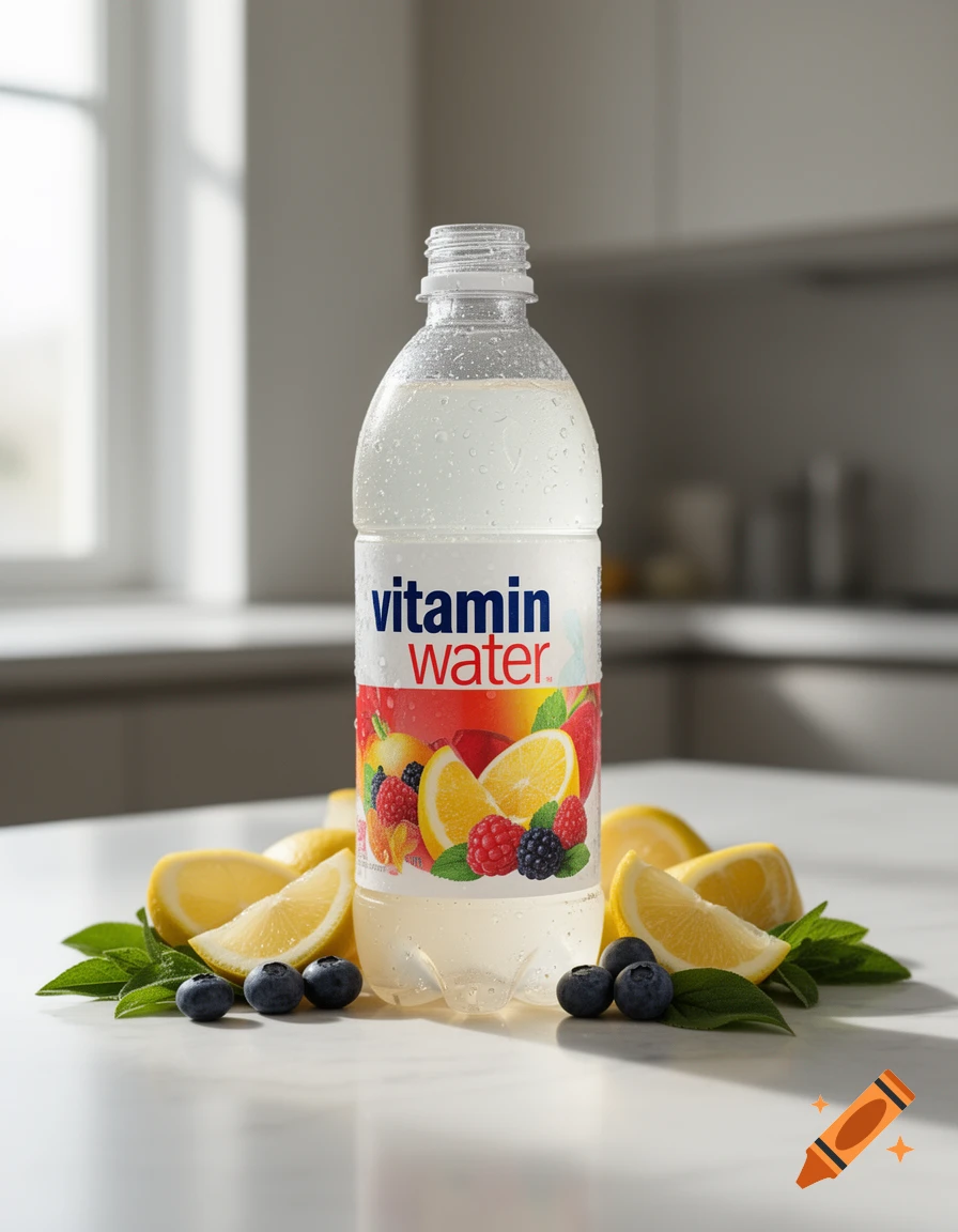 Photorealistic image of a bottle of vitamin water surrounded by fresh lemons, blueberries, and mint leaves on a white surface.