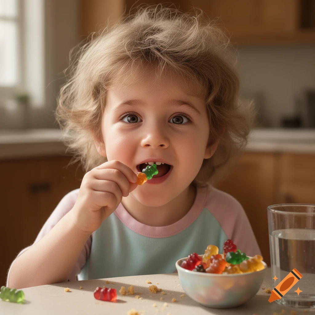 Photorealistic portrait of a young child with fluffy hair eating sour gummy bears at a kitchen table.