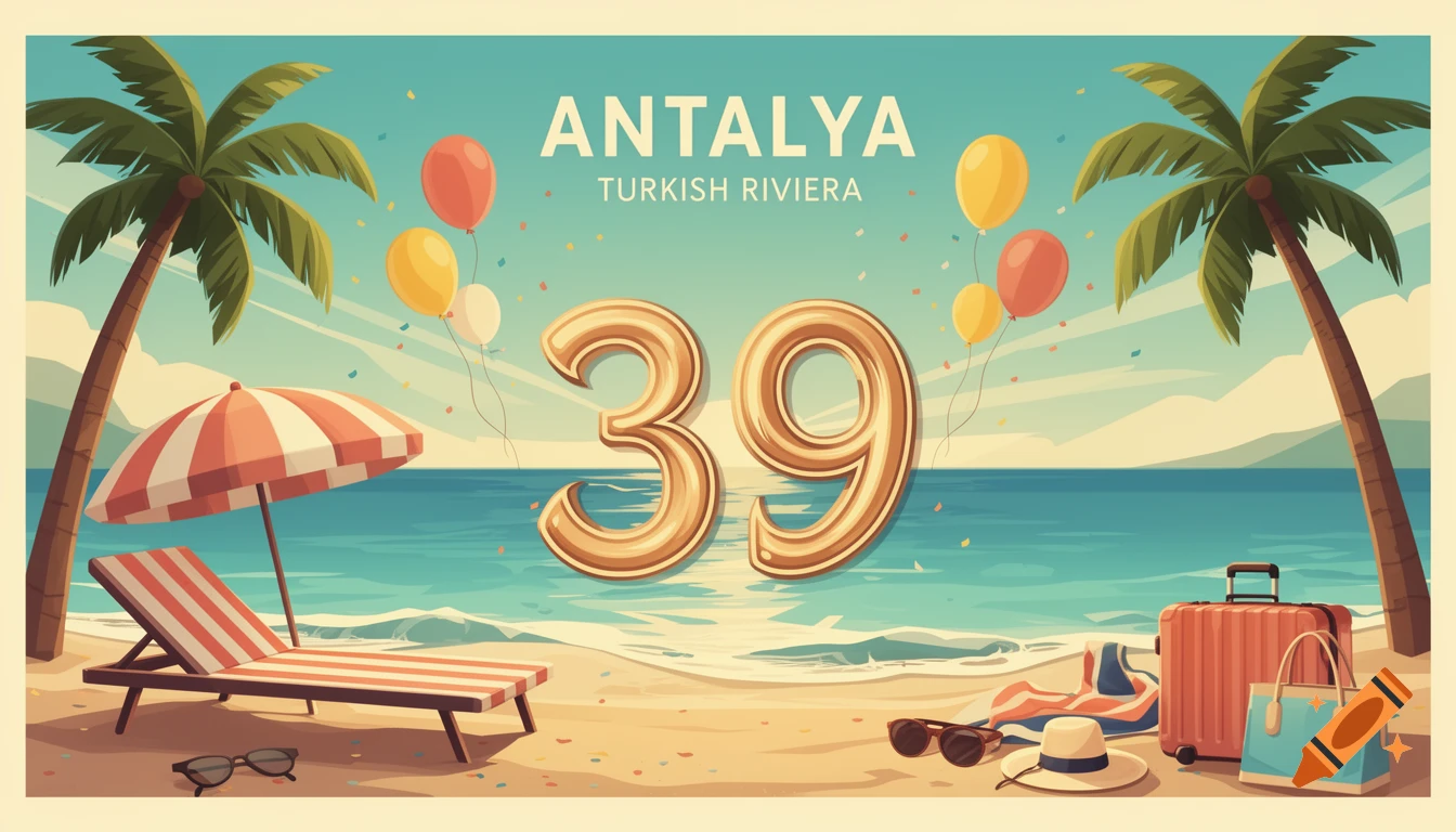 Vintage travel poster style illustration of a beach with palm trees, the number 39, balloons, and vacation items.