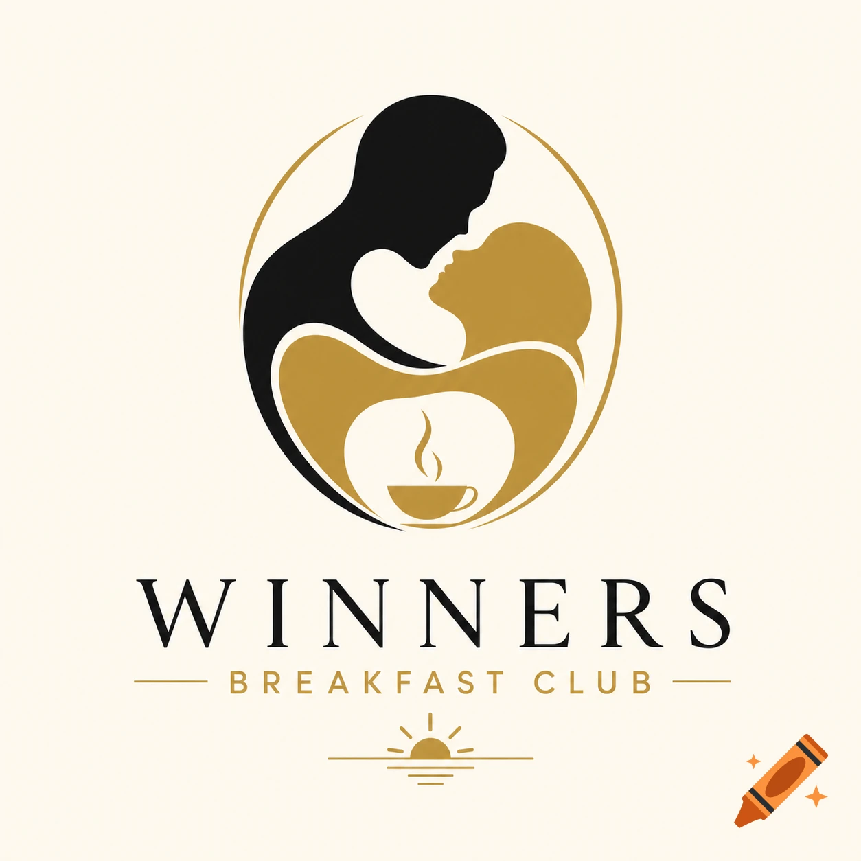 Logo for Winners Breakfast Club featuring an abstract silhouette of a man and woman with a coffee cup icon.