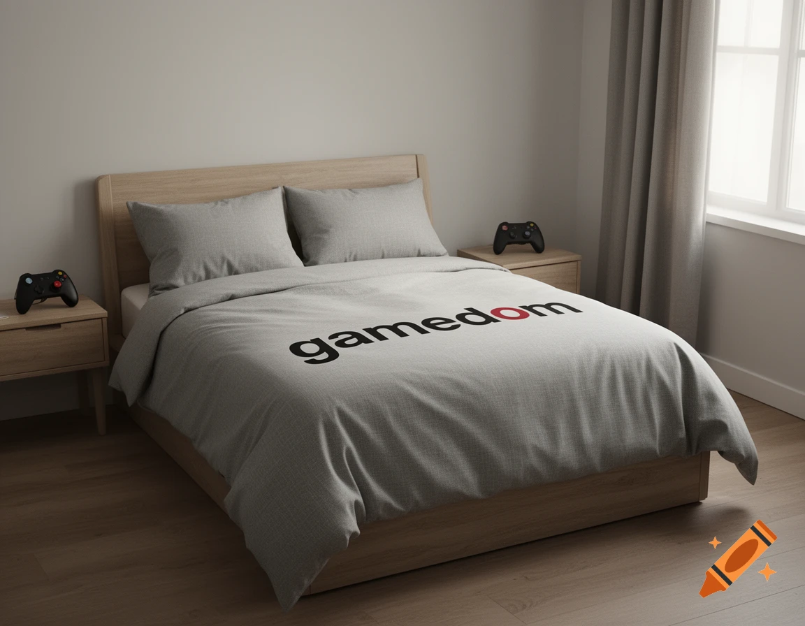 Photorealistic bedroom with a wooden bed, gray duvet featuring the text "gamedom", and two bedside tables with game controllers.