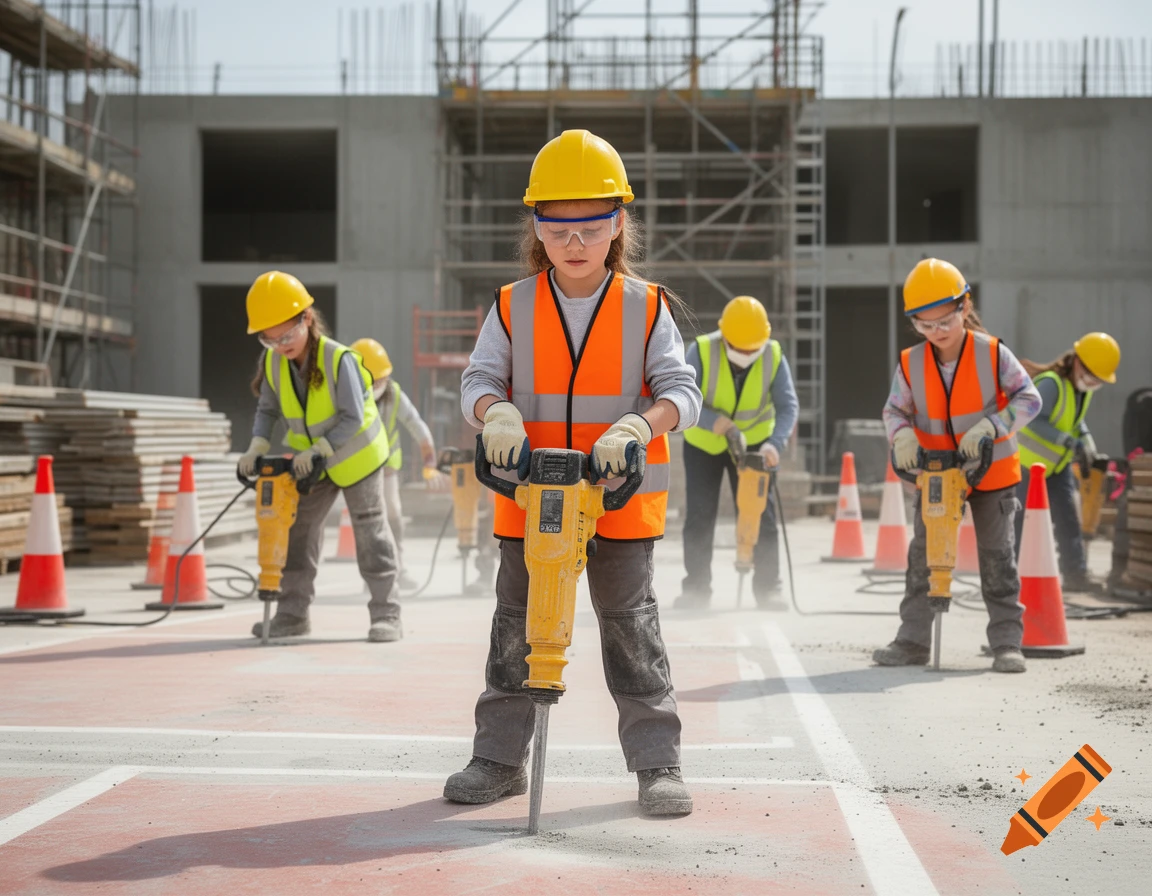 Several young girls wearing hard hats and safety vests operating jackhammers on a construction site.