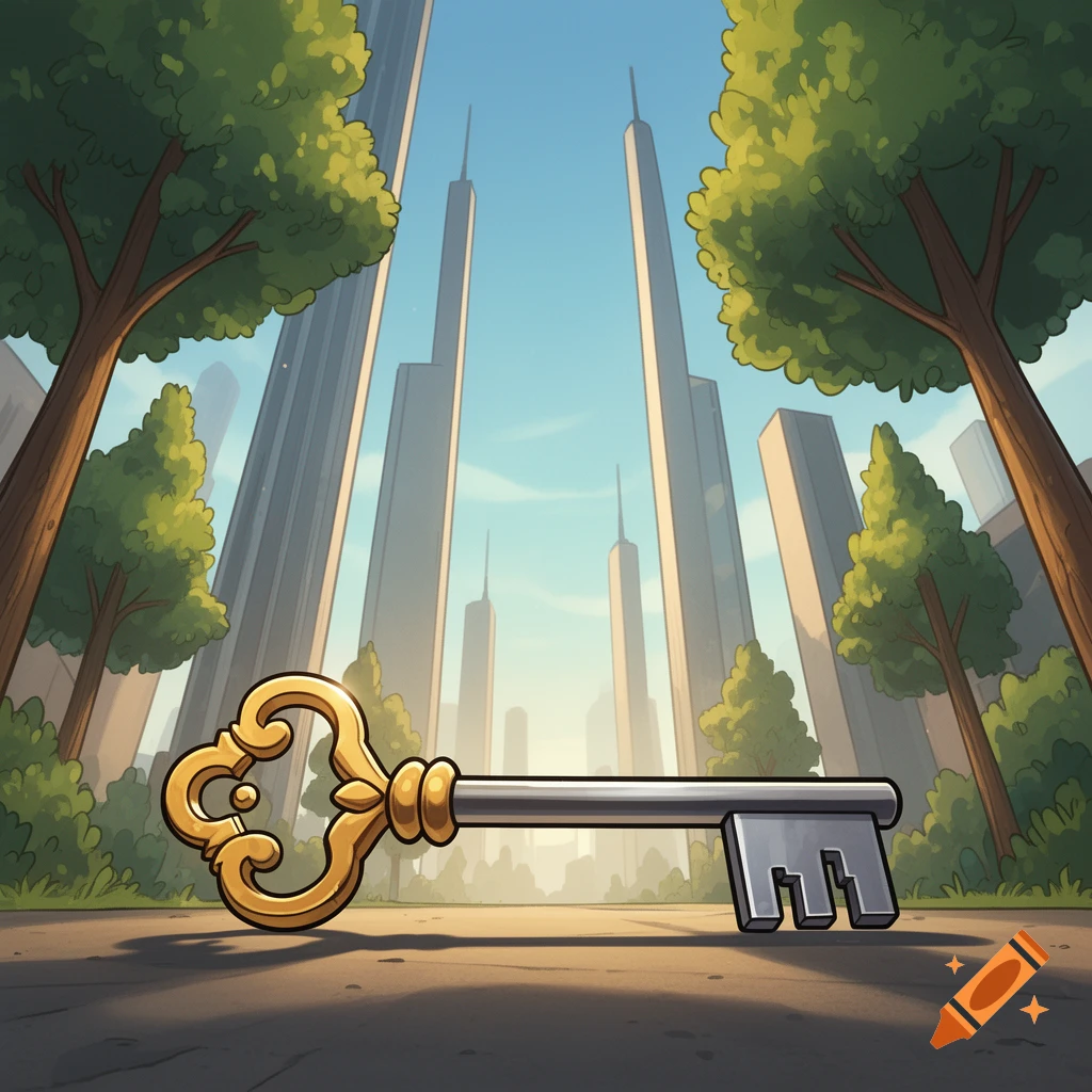 Cartoon illustration of a large ornate golden key lying on the ground between tall trees and skyscrapers.