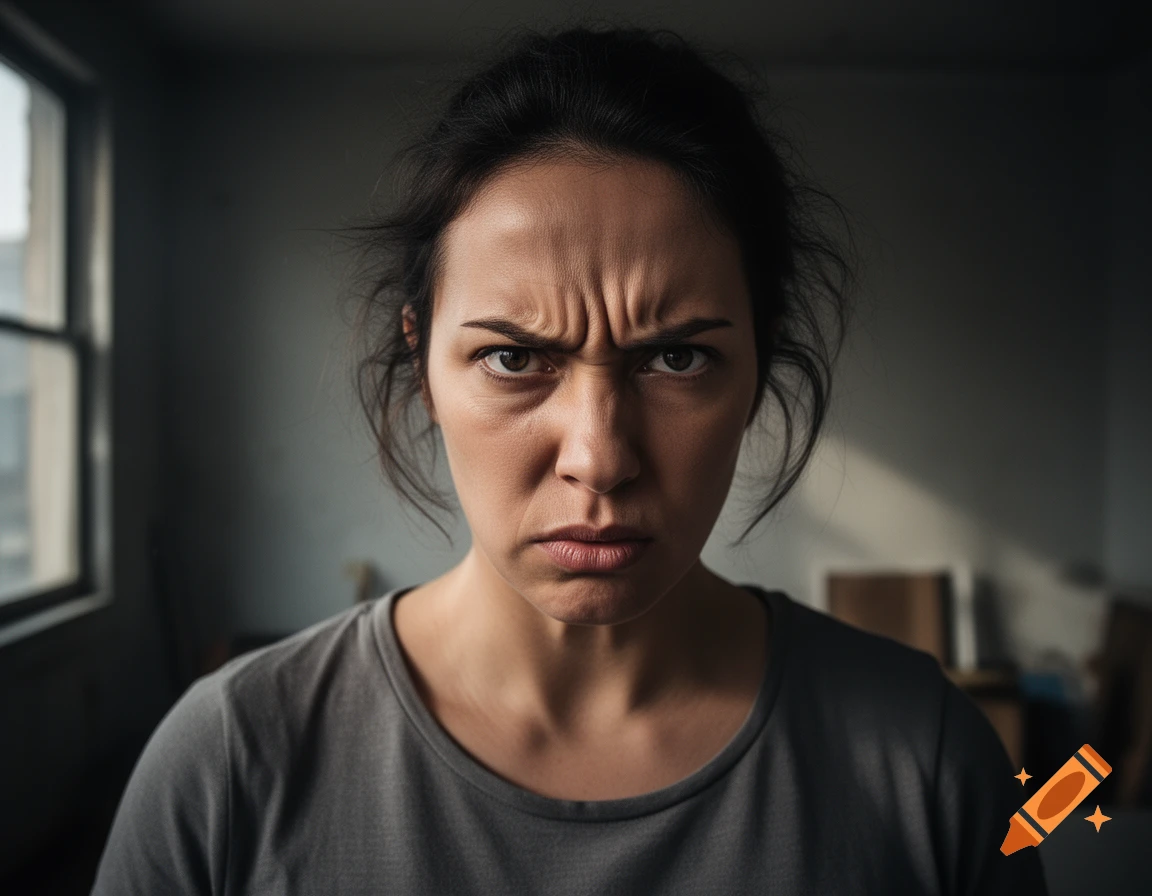 Close-up photorealistic portrait of a woman with an intensely angry expression looking directly at the camera.