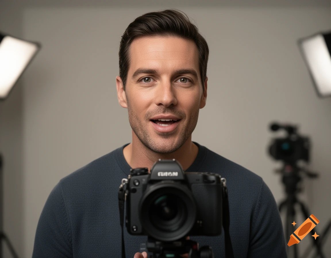 Photorealistic medium shot of a man speaking into a camera in a studio setting.