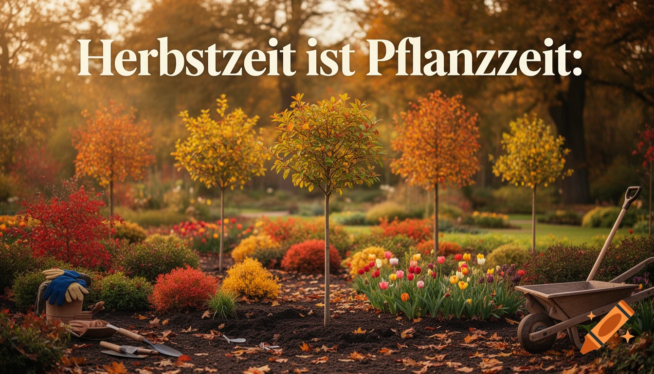 An autumnal garden with small trees, colorful flowers, fallen leaves, gardening tools, and the text Herbstzeit ist Pflanzzeit.