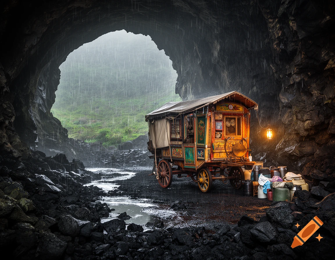 A colorful gypsy caravan sheltered inside a dark lava tube while it rains outside, photorealistic.