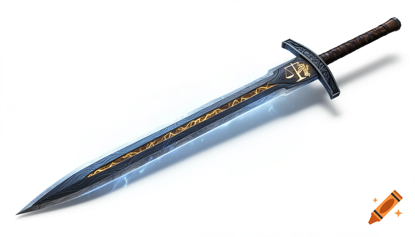 A detailed high fantasy digital painting of a damascus steel sword with a glowing golden rune on a white background.