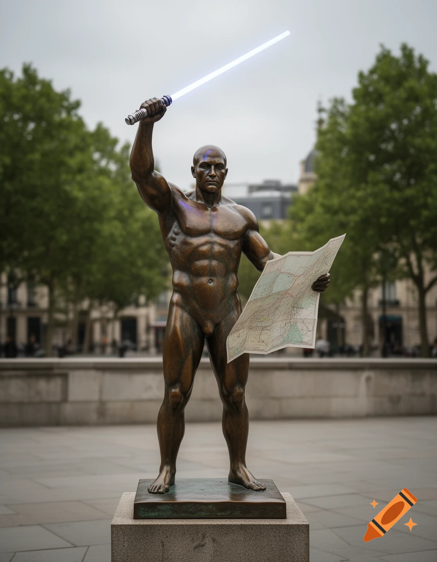 Photorealistic bronze statue of a bald, muscular man holding a glowing blue lightsaber and a map, standing in a public square.