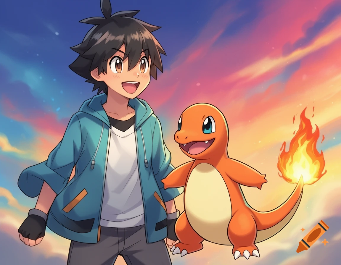 Anime style illustration of a young boy smiling next to a happy Charmander against a colorful sunset sky.