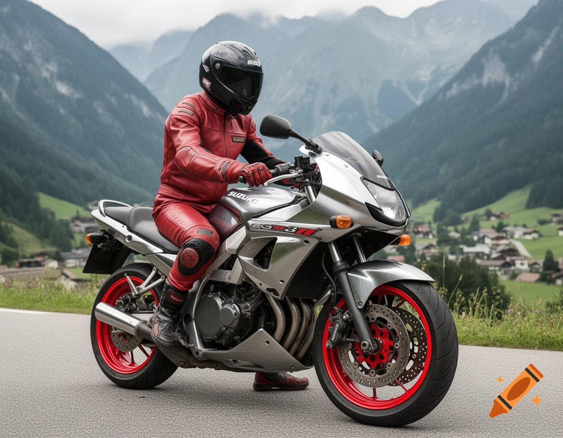 Photorealistic image of a person in a red leather suit riding a silver motorcycle with red rims in front of mountains.