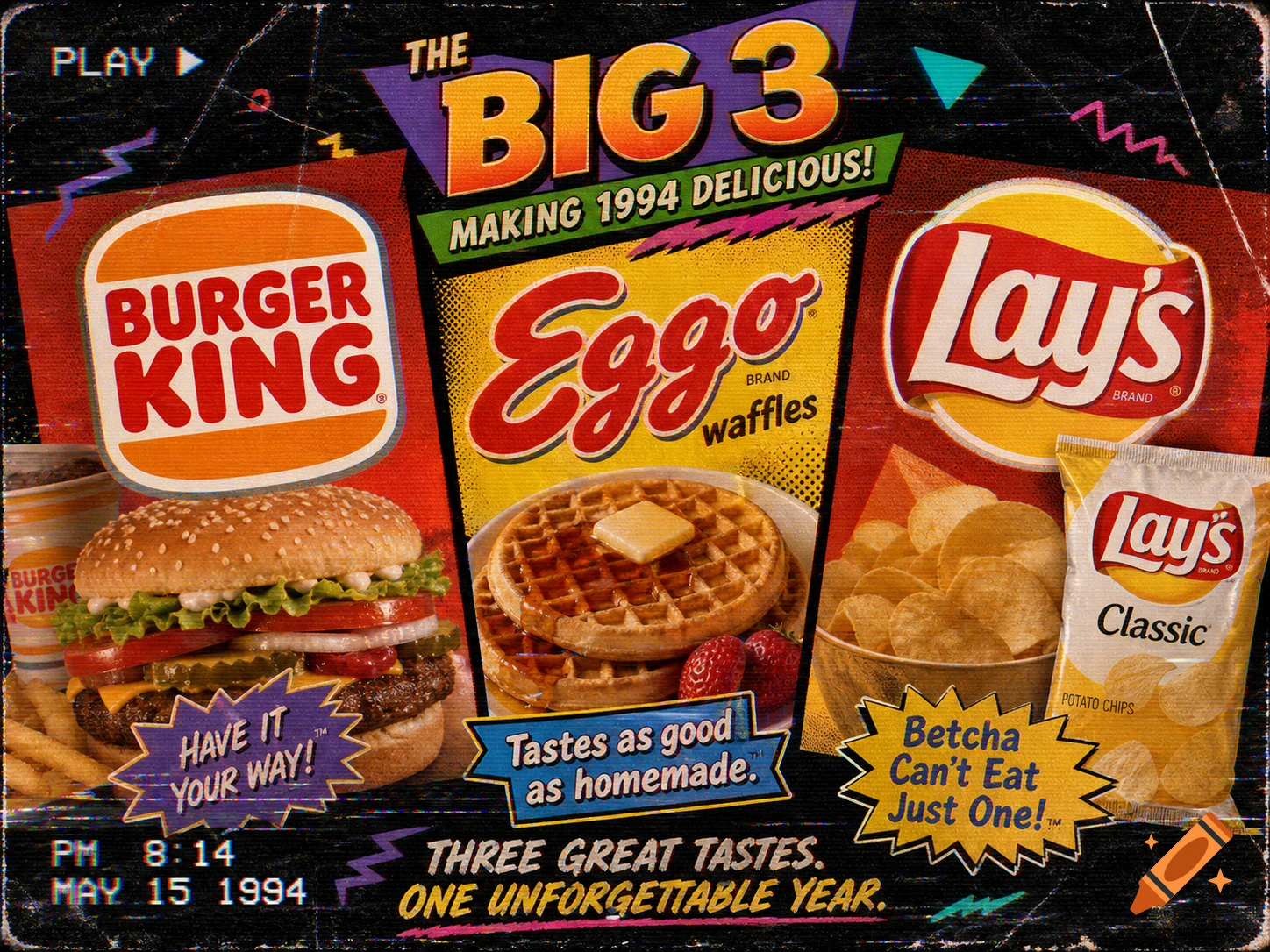 A vintage 1994 advertisement collage featuring Burger King, Eggo waffles, and Lays chips with VHS damage effects.