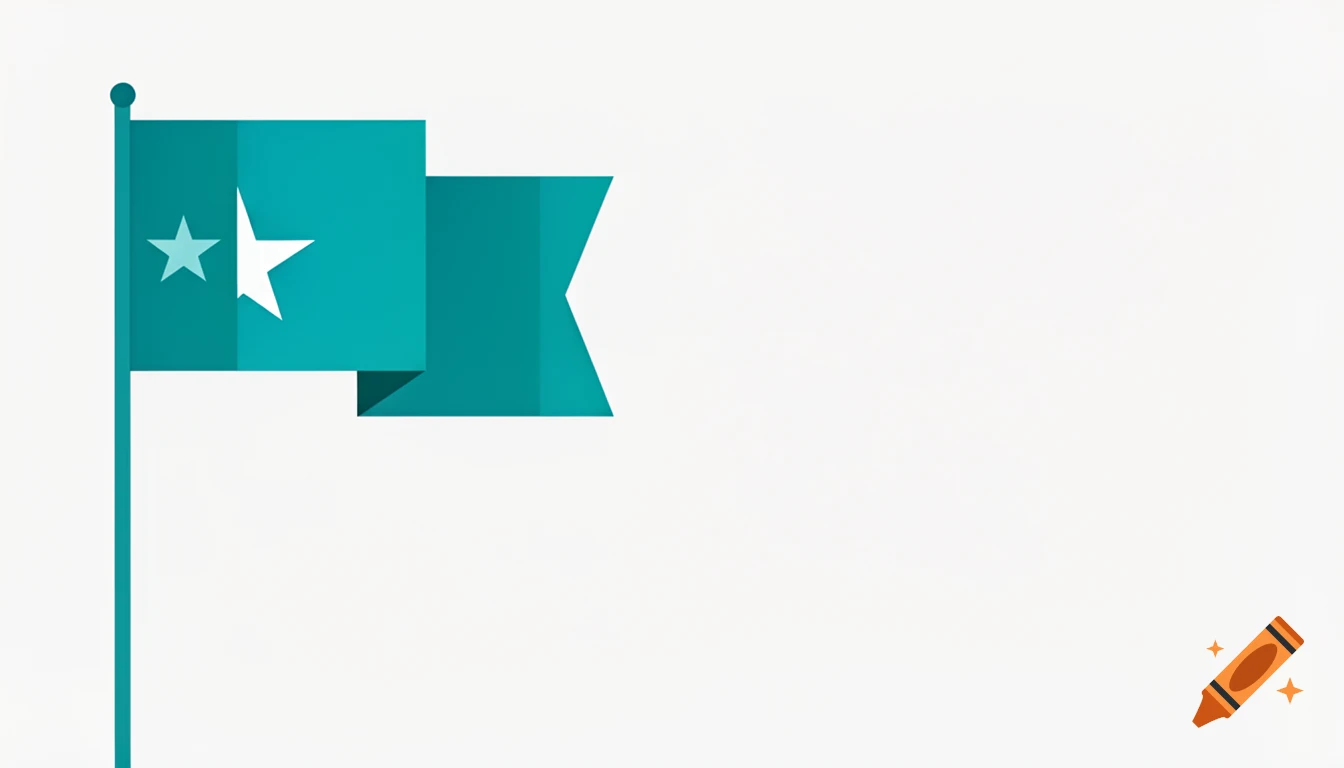 A minimalist teal flag with a white star and a smaller light blue star on a flagpole, set against a plain white background.